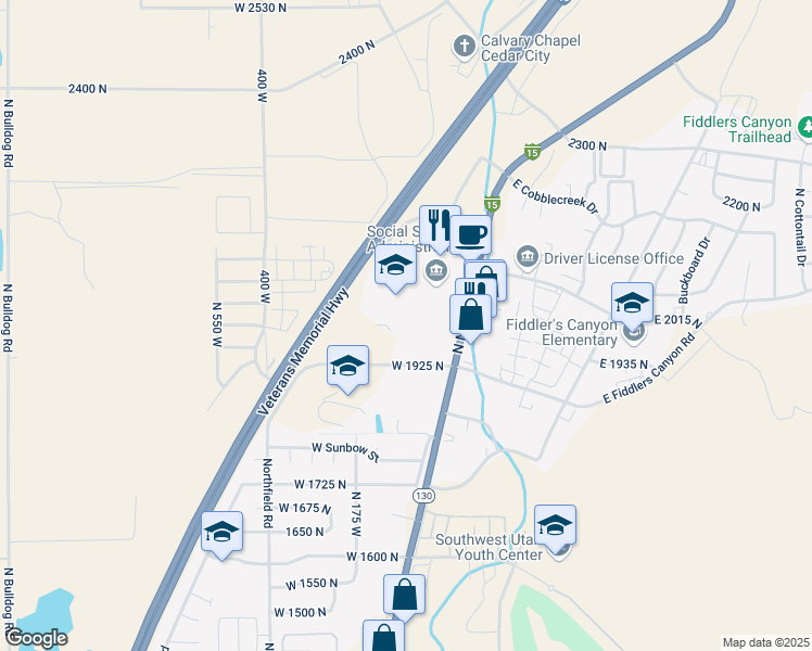 map of restaurants, bars, coffee shops, grocery stores, and more near 166 West 1925 North in Cedar City