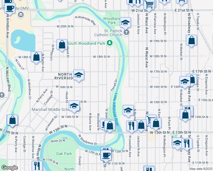map of restaurants, bars, coffee shops, grocery stores, and more near 1699 North Jeanette Street in Wichita