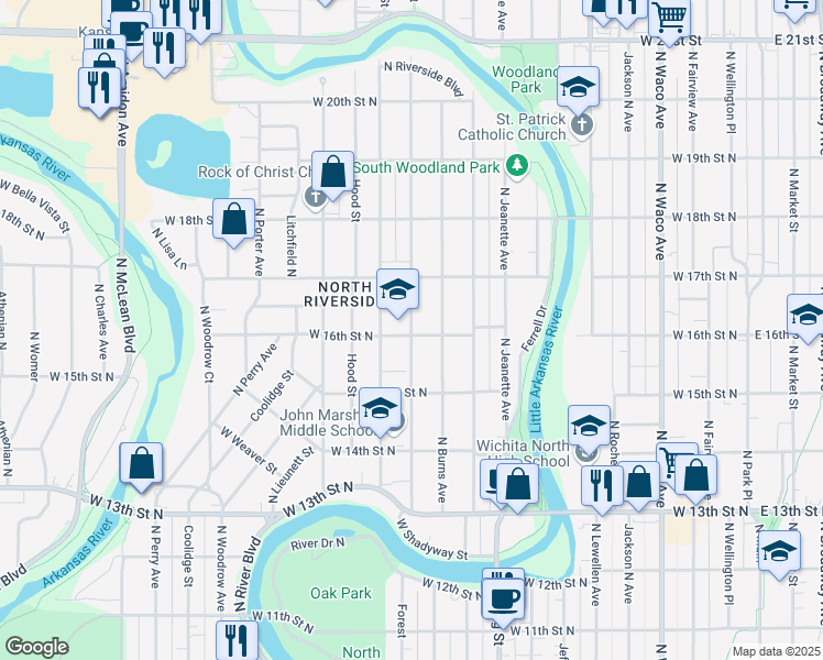map of restaurants, bars, coffee shops, grocery stores, and more near 1705 Salina Avenue in Wichita