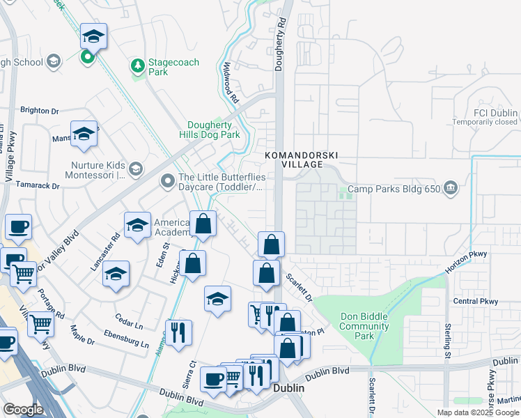 map of restaurants, bars, coffee shops, grocery stores, and more near 6782 South Mariposa Lane in Dublin