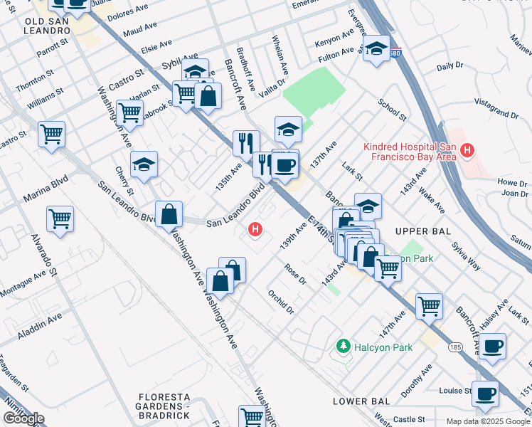 map of restaurants, bars, coffee shops, grocery stores, and more near 13855 Rose Drive in San Leandro