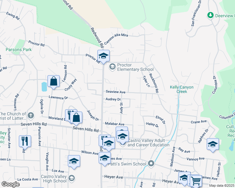 map of restaurants, bars, coffee shops, grocery stores, and more near 4783 Audrey Drive in Castro Valley