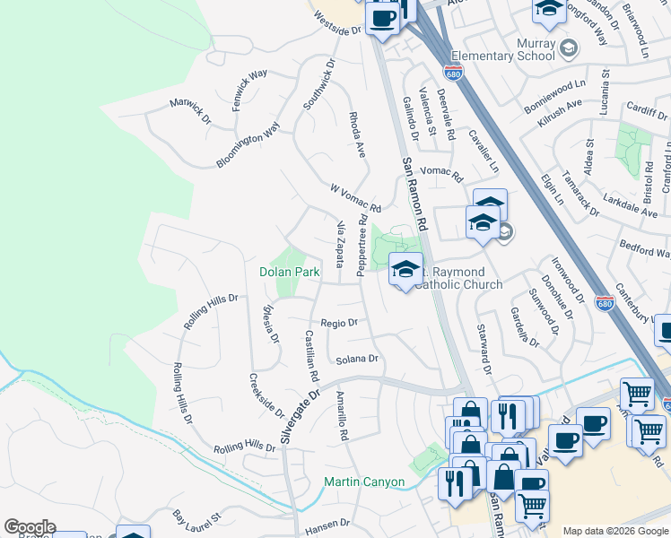 map of restaurants, bars, coffee shops, grocery stores, and more near 8004 Vía Zapata in Dublin