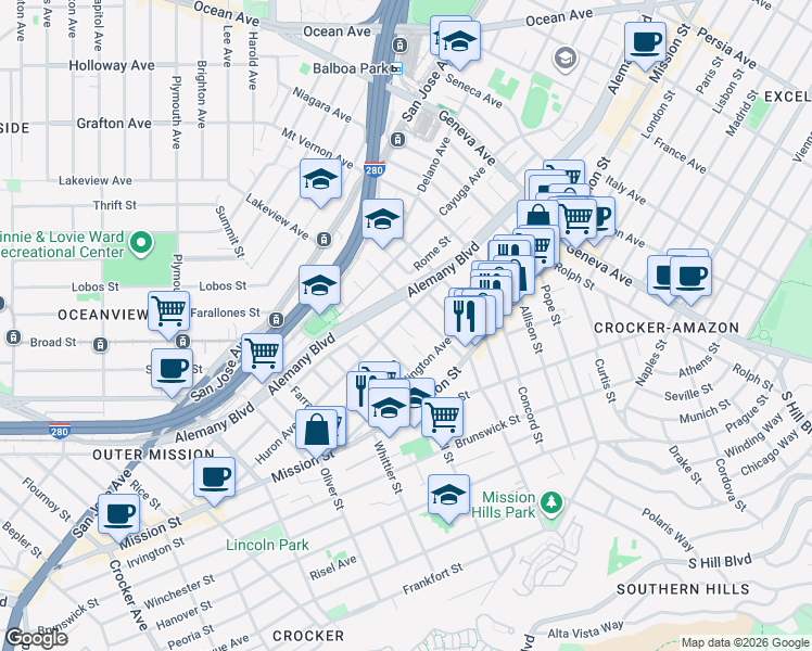 map of restaurants, bars, coffee shops, grocery stores, and more near 40 Dichiera Court in San Francisco