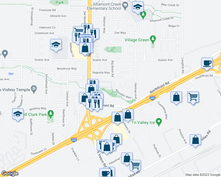 map of restaurants, bars, coffee shops, grocery stores, and more near 6277 Forget Me Not in Livermore