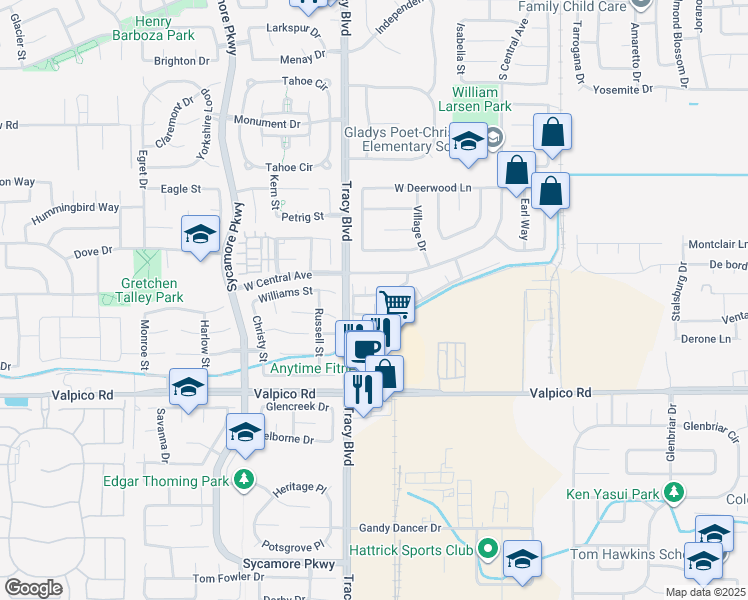 map of restaurants, bars, coffee shops, grocery stores, and more near 16 Tracy Boulevard in Tracy
