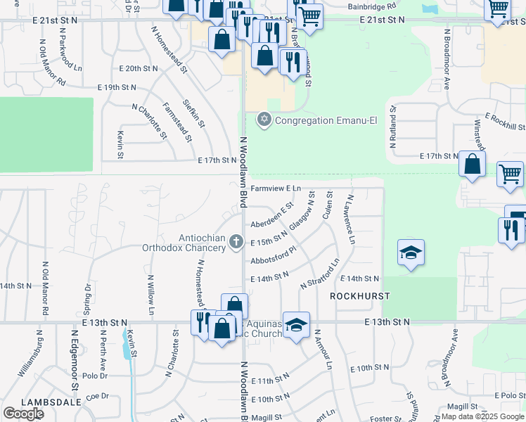 map of restaurants, bars, coffee shops, grocery stores, and more near 6415 E Farmview St in Wichita