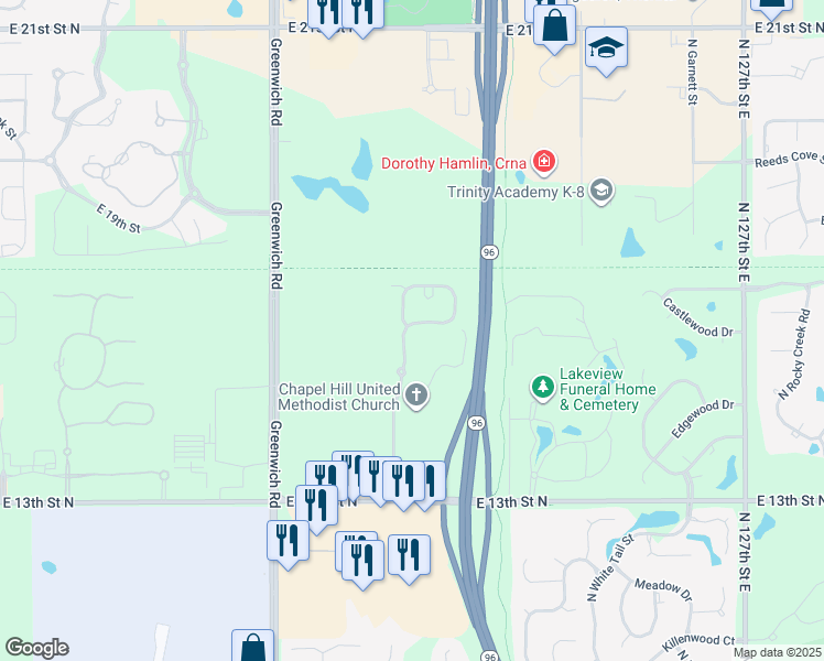 map of restaurants, bars, coffee shops, grocery stores, and more near 1624 North Chapel Hill Street in Wichita