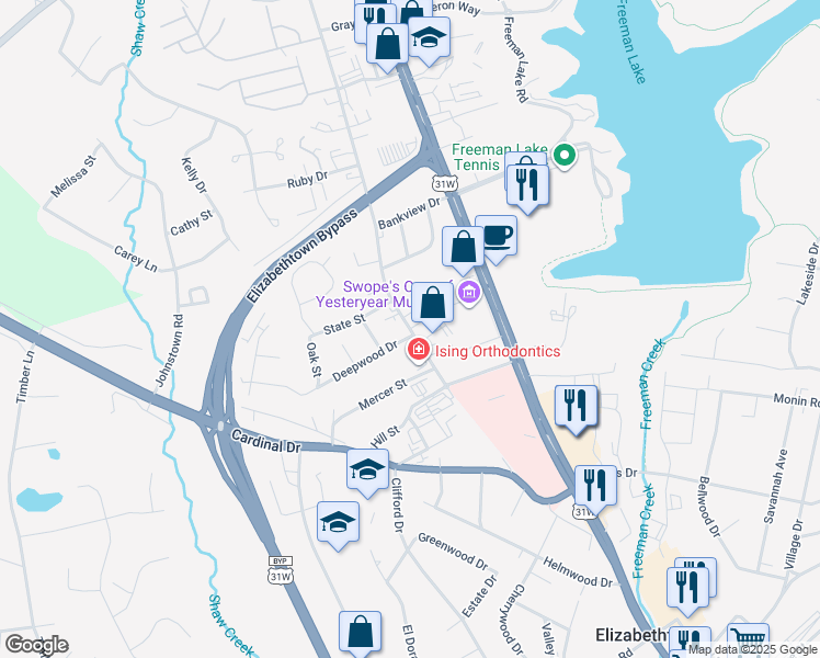 map of restaurants, bars, coffee shops, grocery stores, and more near 1114 Woodland Drive in Elizabethtown
