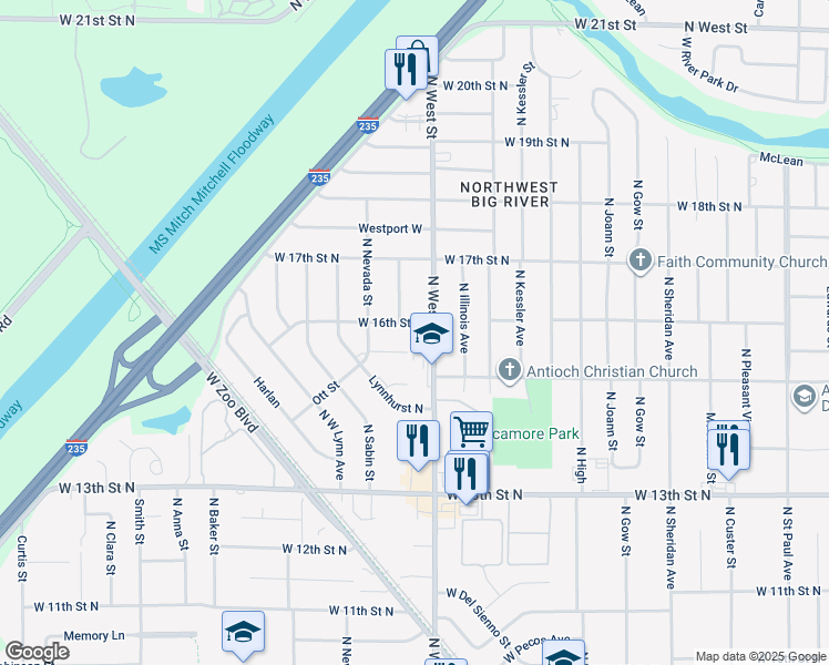map of restaurants, bars, coffee shops, grocery stores, and more near 1718 North Colorado Street in Wichita