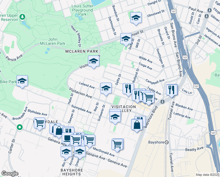 map of restaurants, bars, coffee shops, grocery stores, and more near 366 Raymond Avenue in San Francisco