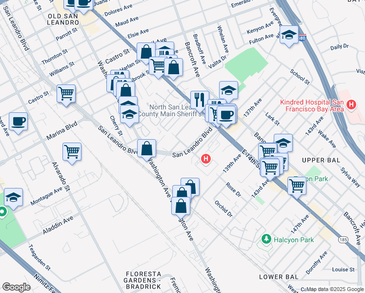 map of restaurants, bars, coffee shops, grocery stores, and more near 2755 San Leandro Boulevard in San Leandro