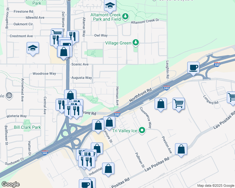 map of restaurants, bars, coffee shops, grocery stores, and more near Herman Avenue & Rubicon Way in Livermore