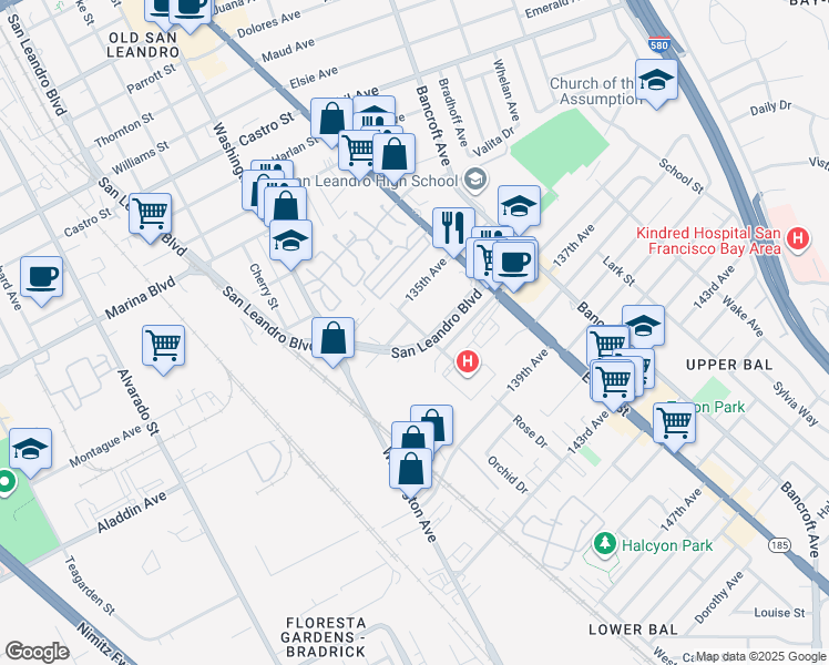 map of restaurants, bars, coffee shops, grocery stores, and more near 2755 San Leandro Boulevard in San Leandro