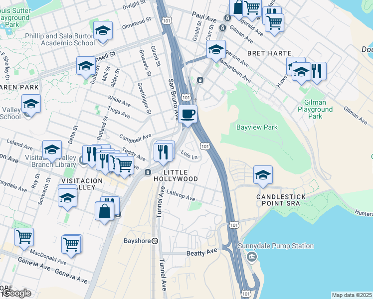map of restaurants, bars, coffee shops, grocery stores, and more near 252 Lauren Court in San Francisco
