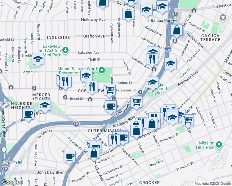 map of restaurants, bars, coffee shops, grocery stores, and more near 82 Farallones Street in San Francisco