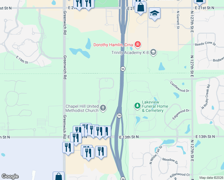 map of restaurants, bars, coffee shops, grocery stores, and more near 1707 North Bedford Street in Wichita