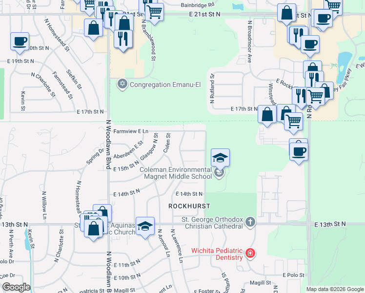 map of restaurants, bars, coffee shops, grocery stores, and more near 1726 North Lawrence Lane in Wichita