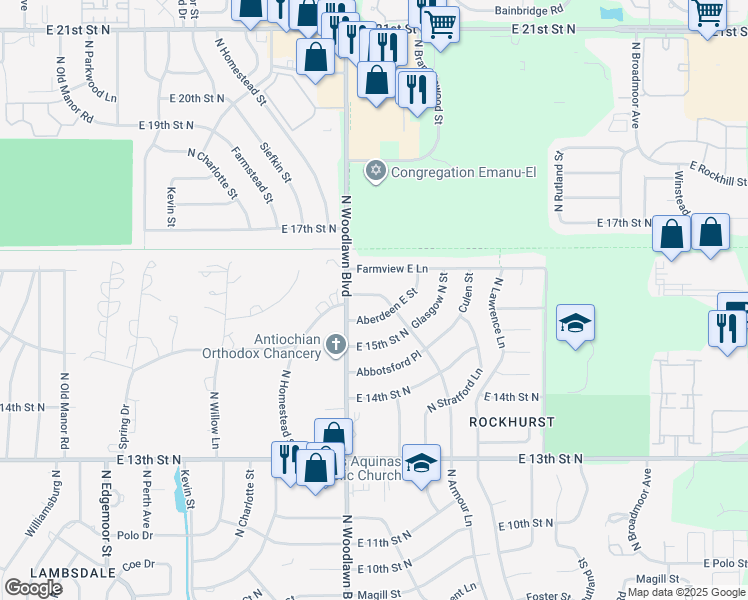 map of restaurants, bars, coffee shops, grocery stores, and more near 6415 E Farmview St in Wichita
