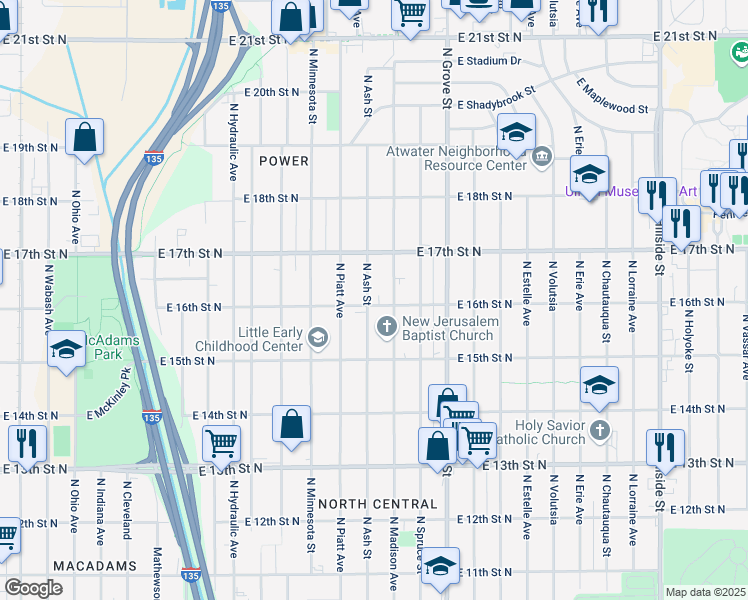 map of restaurants, bars, coffee shops, grocery stores, and more near 1733 North Madison Avenue in Wichita