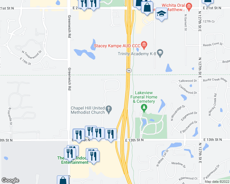 map of restaurants, bars, coffee shops, grocery stores, and more near 11711 East Crestwood Street in Wichita