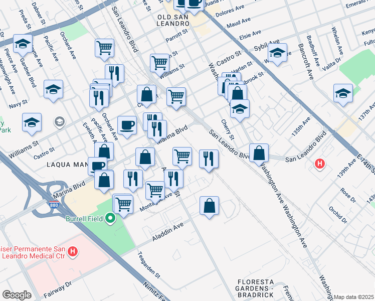 map of restaurants, bars, coffee shops, grocery stores, and more near 635 Marina Boulevard in San Leandro