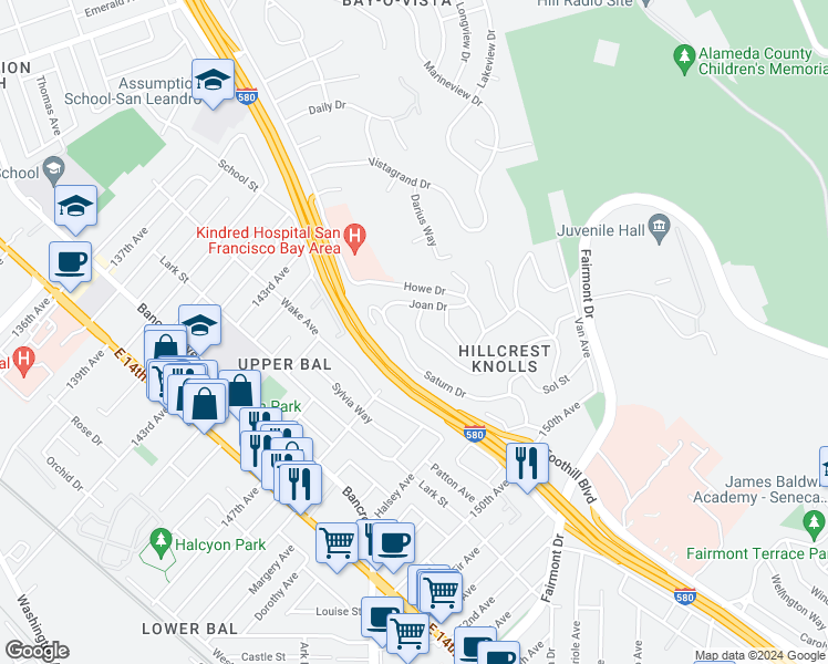 map of restaurants, bars, coffee shops, grocery stores, and more near 1933 Placer Drive in San Leandro