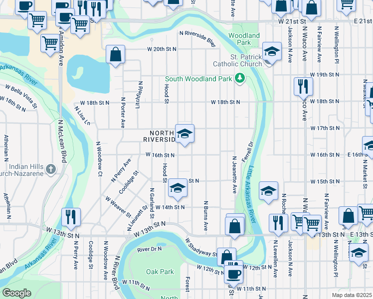 map of restaurants, bars, coffee shops, grocery stores, and more near 1705 Salina Avenue in Wichita