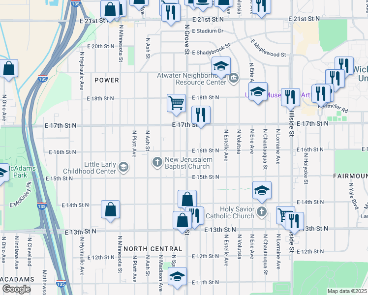 map of restaurants, bars, coffee shops, grocery stores, and more near 1728 North Grove Avenue in Wichita