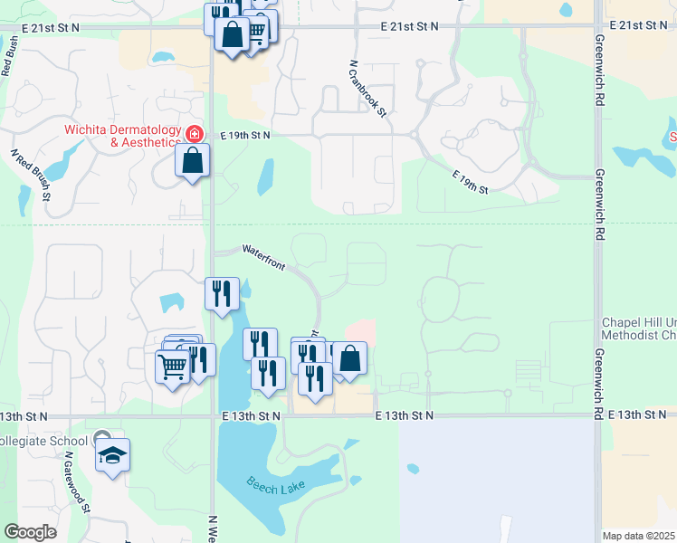 map of restaurants, bars, coffee shops, grocery stores, and more near 1631 North Red Oaks Street in Wichita
