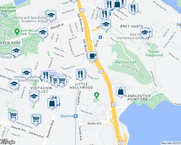 map of restaurants, bars, coffee shops, grocery stores, and more near 188 Mary Teresa Street in San Francisco