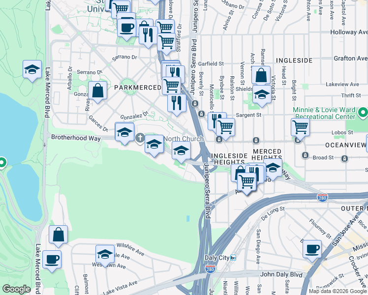 map of restaurants, bars, coffee shops, grocery stores, and more near Chumasero Drive in San Francisco