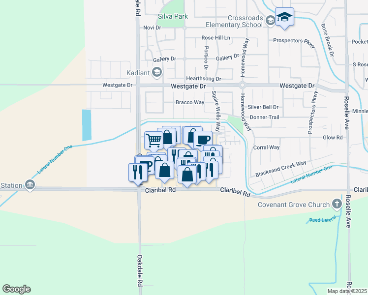 map of restaurants, bars, coffee shops, grocery stores, and more near 2351 Claribel Road in Riverbank