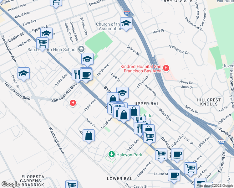 map of restaurants, bars, coffee shops, grocery stores, and more near 1508 141st Avenue in San Leandro