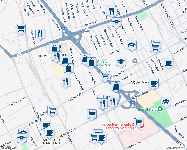 map of restaurants, bars, coffee shops, grocery stores, and more near 1734 Timothy Drive in San Leandro