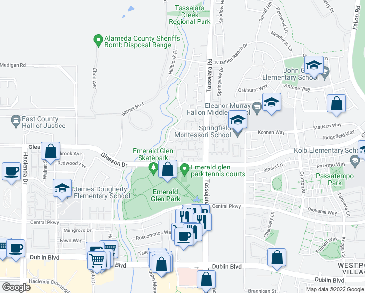 map of restaurants, bars, coffee shops, grocery stores, and more near 4185 Font Court in Dublin