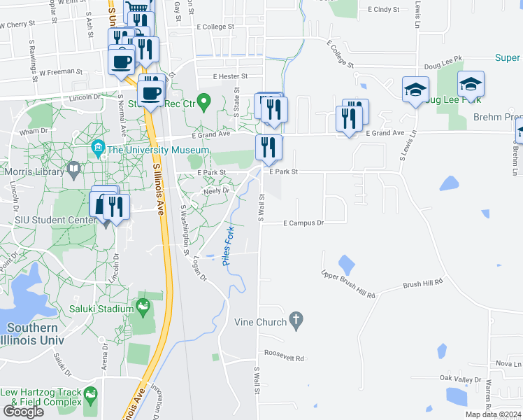 map of restaurants, bars, coffee shops, grocery stores, and more near South Wall Street in Carbondale