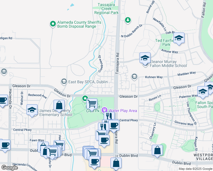 map of restaurants, bars, coffee shops, grocery stores, and more near 4136 Bandini Court in Dublin