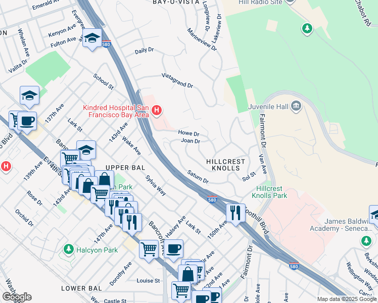 map of restaurants, bars, coffee shops, grocery stores, and more near 1960 Joan Drive in San Leandro