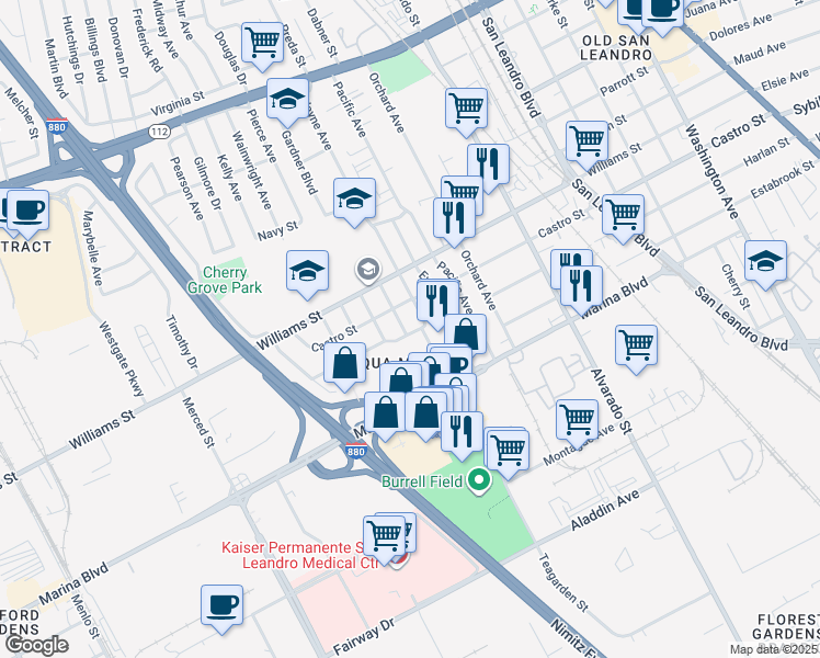 map of restaurants, bars, coffee shops, grocery stores, and more near 1235 Castro Street in San Leandro