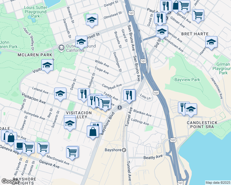 map of restaurants, bars, coffee shops, grocery stores, and more near 325 Campbell Avenue in San Francisco