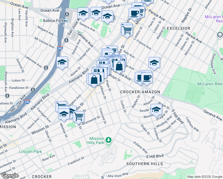 map of restaurants, bars, coffee shops, grocery stores, and more near 30 Curtis Street in San Francisco