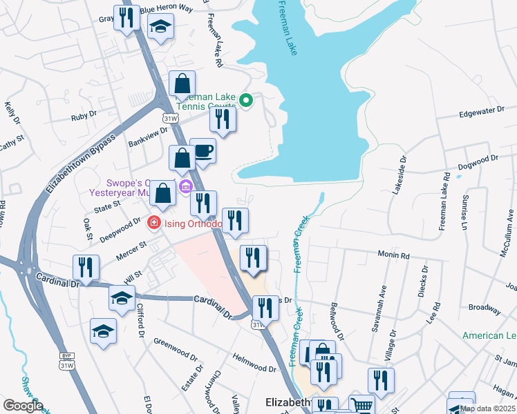map of restaurants, bars, coffee shops, grocery stores, and more near Heartland Drive in Elizabethtown