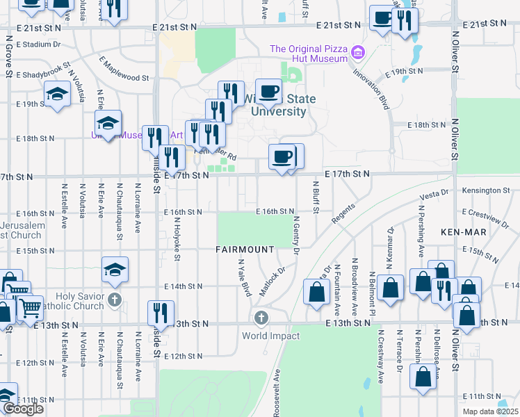 map of restaurants, bars, coffee shops, grocery stores, and more near 1727 North Harvard Avenue in Wichita