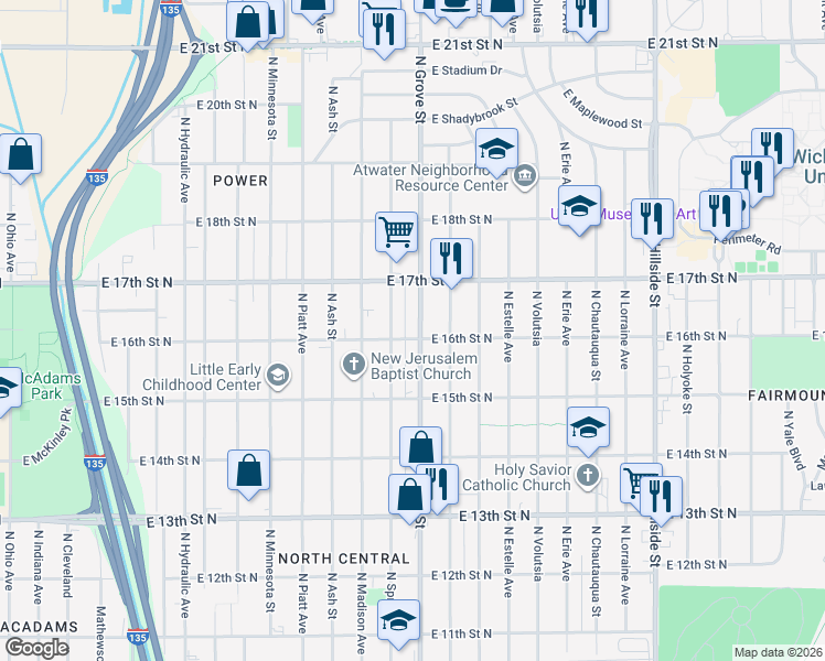 map of restaurants, bars, coffee shops, grocery stores, and more near 1728 North Grove Avenue in Wichita