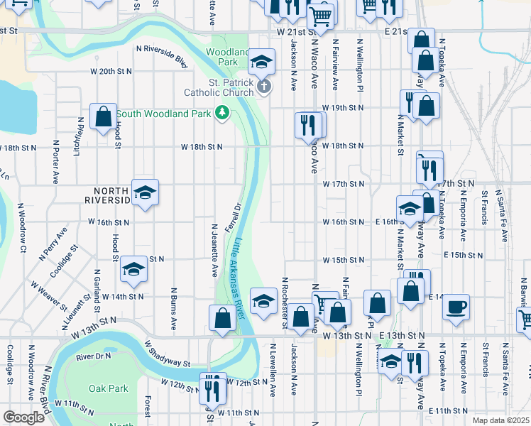map of restaurants, bars, coffee shops, grocery stores, and more near 1749 North Arkansas in Wichita