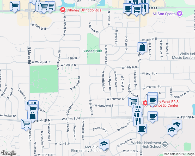map of restaurants, bars, coffee shops, grocery stores, and more near 9412 16th Court in Wichita