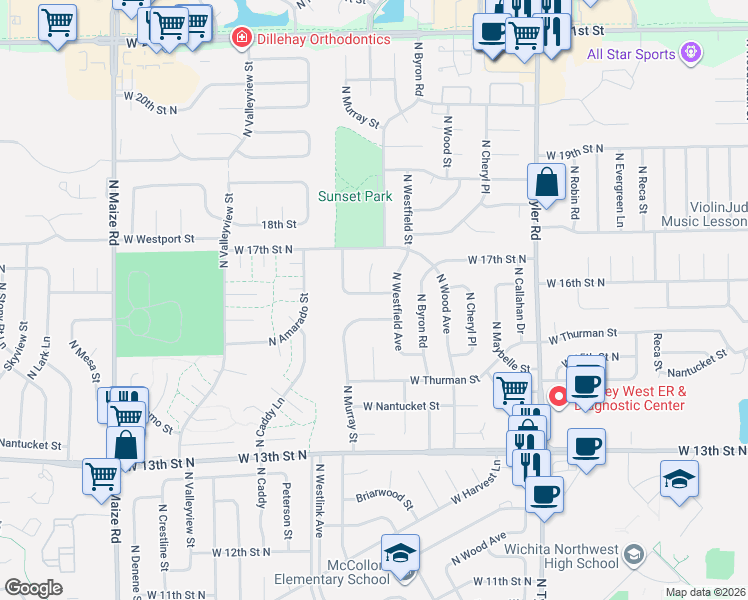 map of restaurants, bars, coffee shops, grocery stores, and more near 9412 16th Court in Wichita