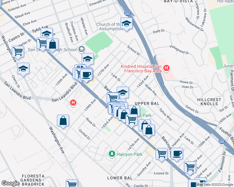 map of restaurants, bars, coffee shops, grocery stores, and more near 1508 141st Avenue in San Leandro