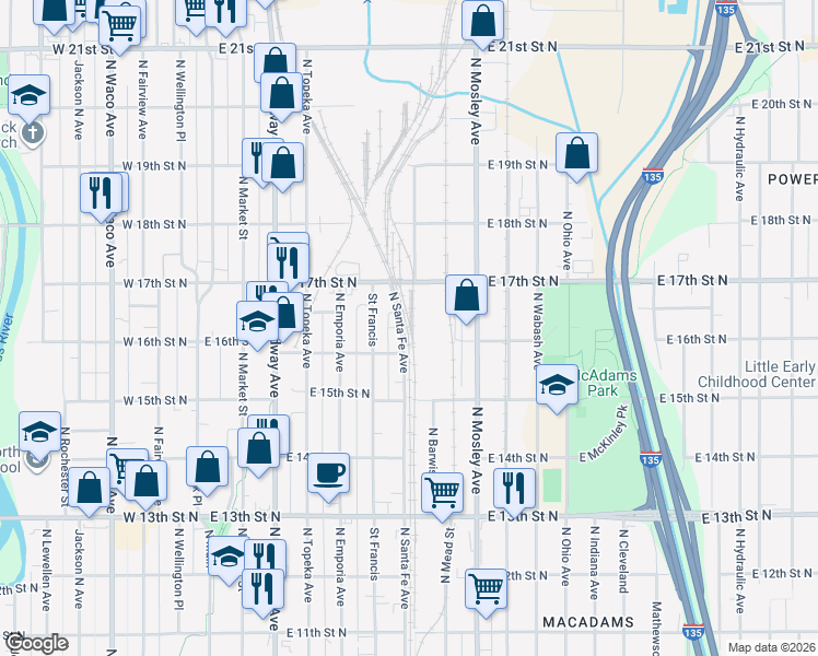map of restaurants, bars, coffee shops, grocery stores, and more near 1732 North Santa Fe Avenue in Wichita